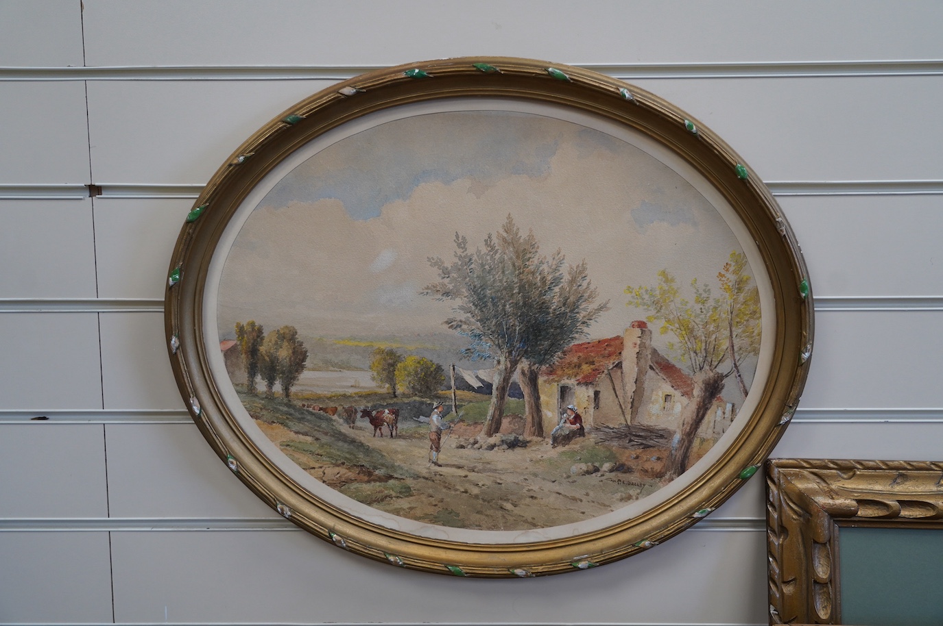 Charles Dalley (19th/20th. C), watercolour, Farmyard scene, signed, oval 37 x 47cm, gilt frame. Condition - poor